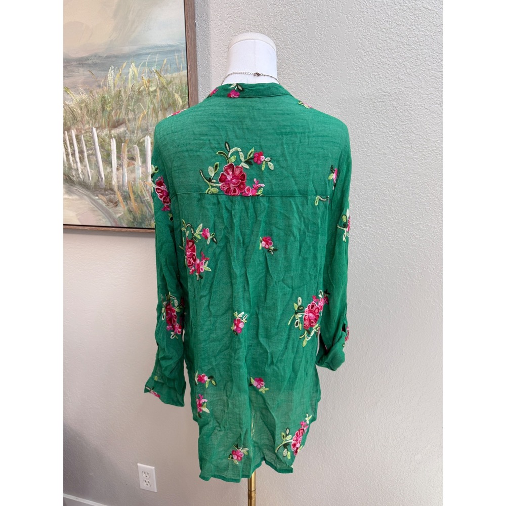 Green Floral Embroidered Button Down Blouse XL - Picture 3 of 7